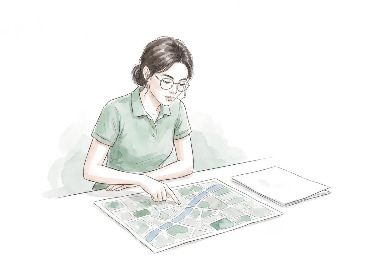 Ilustracao em aquarela: atendente aponta num mapa impresso o laboratorio parceiro