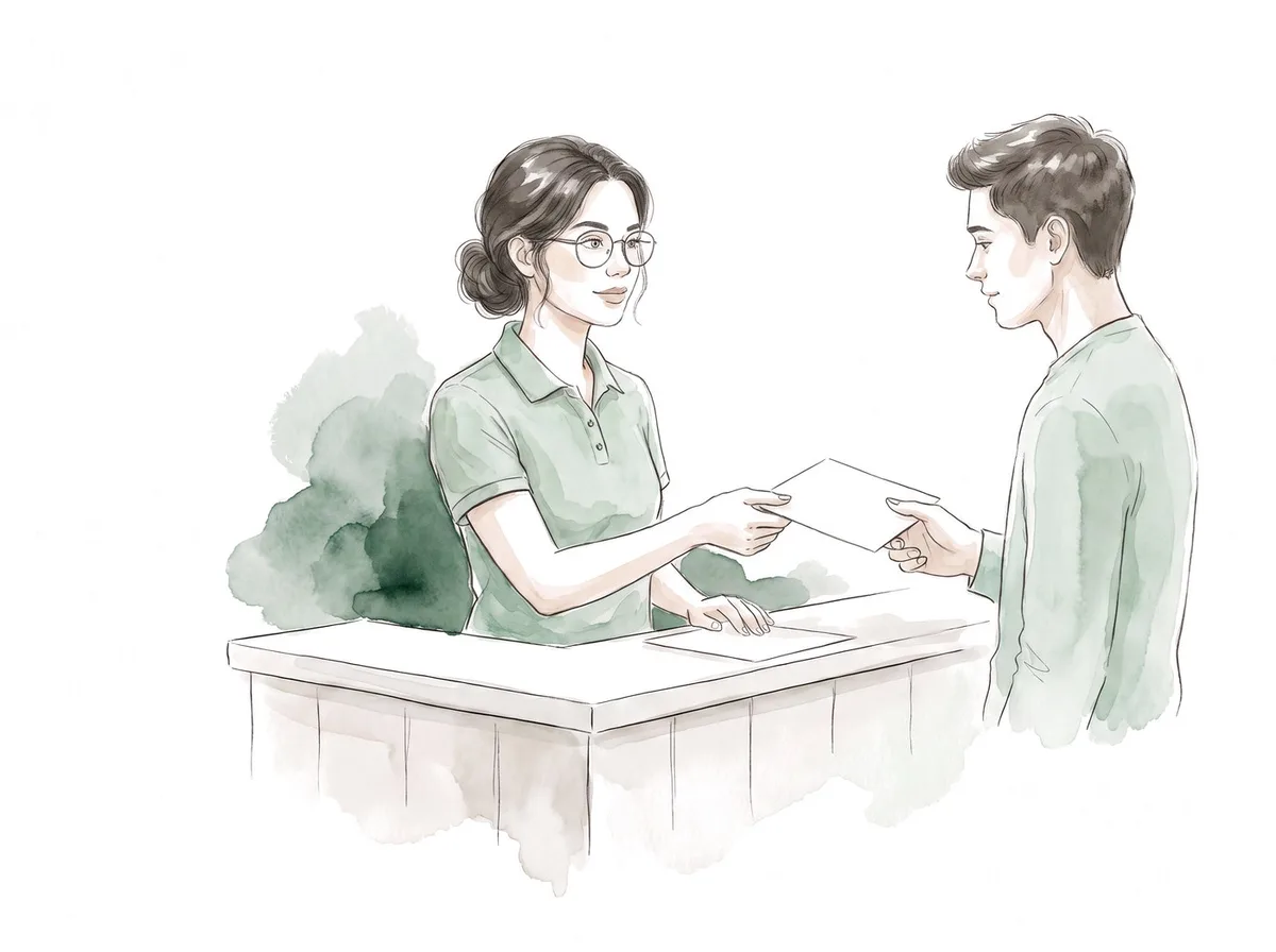 Ilustracao em aquarela: atendente entrega o pedido de exame a um rapaz no balcao