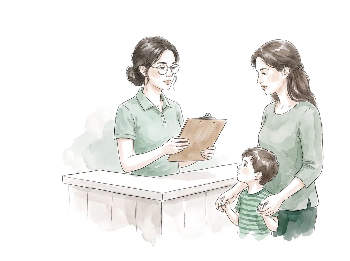 Ilustracao em aquarela: atendente mostra a tabela de procedimentos numa prancheta para uma mae com o filho