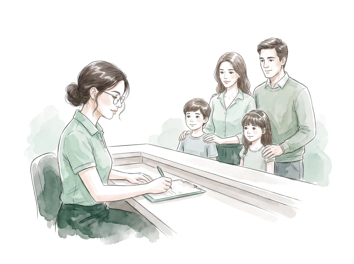 Ilustracao em aquarela: atendente cadastra uma familia de quatro pessoas no balcao