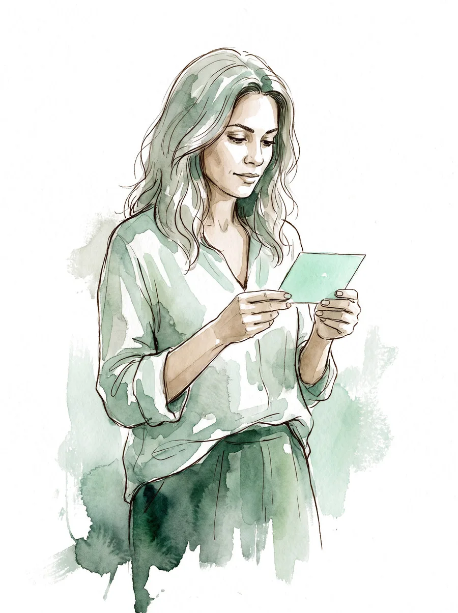Ilustracao em aquarela: mulher olhando o cartao de saude que acabou de receber