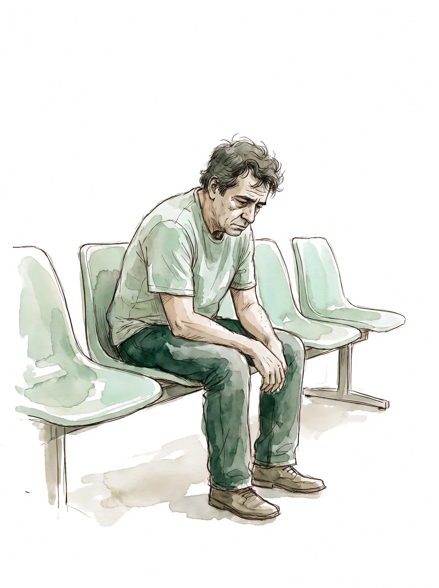 Ilustracao em aquarela: homem sentado esperando numa fila de cadeiras