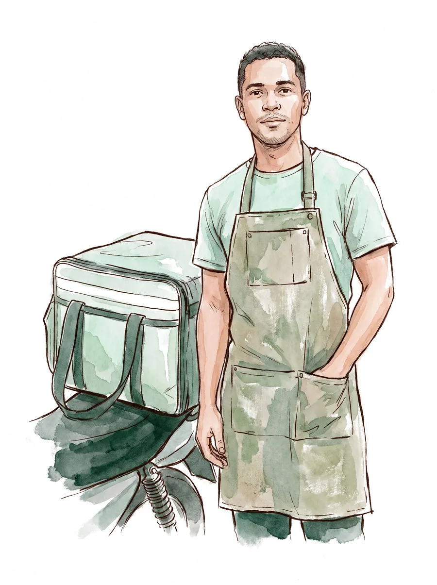 Ilustracao em aquarela: entregador autonomo em pe ao lado da bolsa de entrega