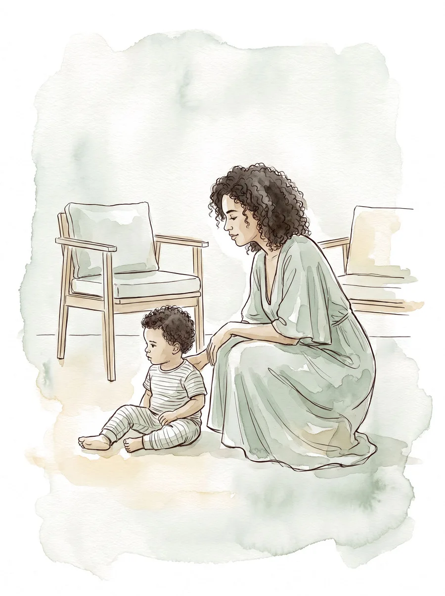Ilustracao em aquarela: mae agachada ao lado do filho pequeno numa sala de espera