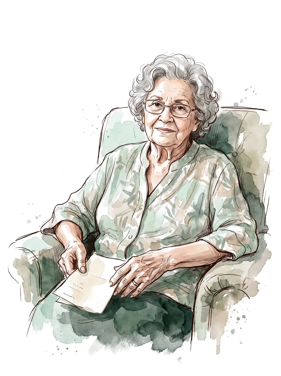 Ilustracao em aquarela: senhora sentada na poltrona com a receita no colo