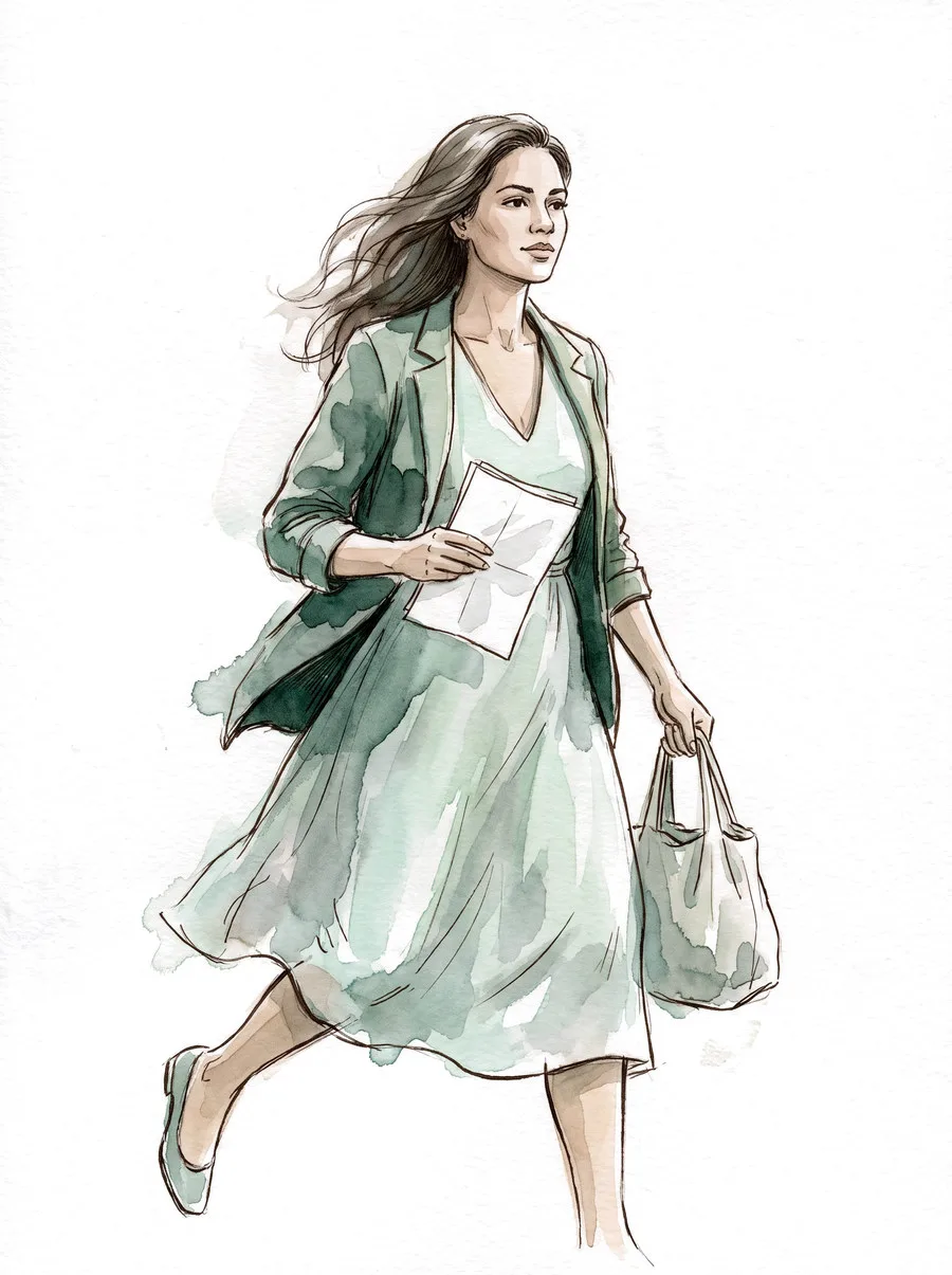 Ilustracao em aquarela: mulher caminhando apressada com o pedido de exame na mao