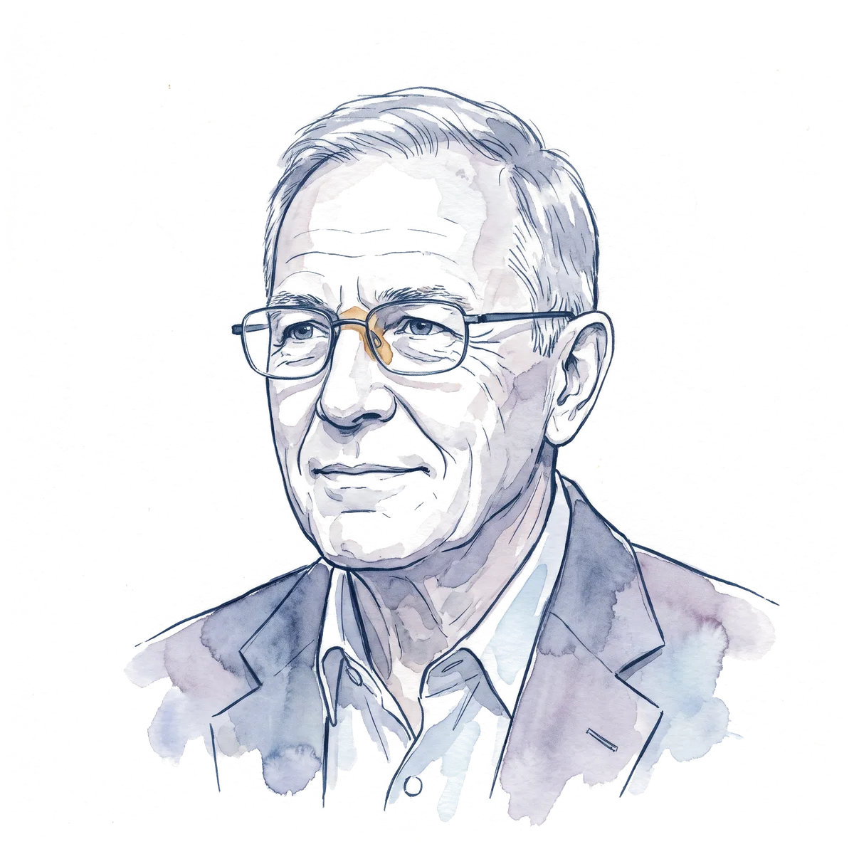 Ilustração em aquarela do retrato de um senhor de óculos novos