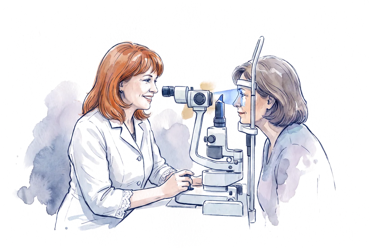 Ilustração em aquarela de uma médica examinando o olho de uma paciente na lâmpada de fenda
