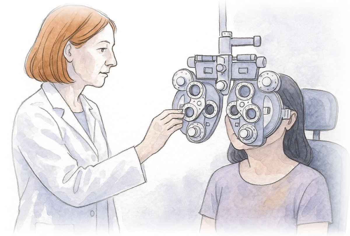 Ilustração em aquarela de uma médica girando as lentes do refrator diante de uma paciente