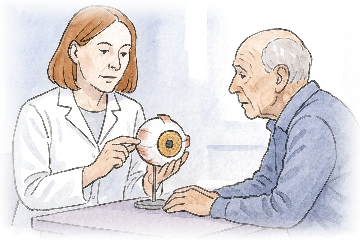 Ilustração em aquarela de uma médica mostrando um modelo de olho em corte a um senhor