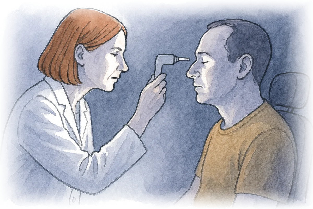 Ilustração em aquarela de uma médica de perfil aproximando o tonômetro do olho de um paciente