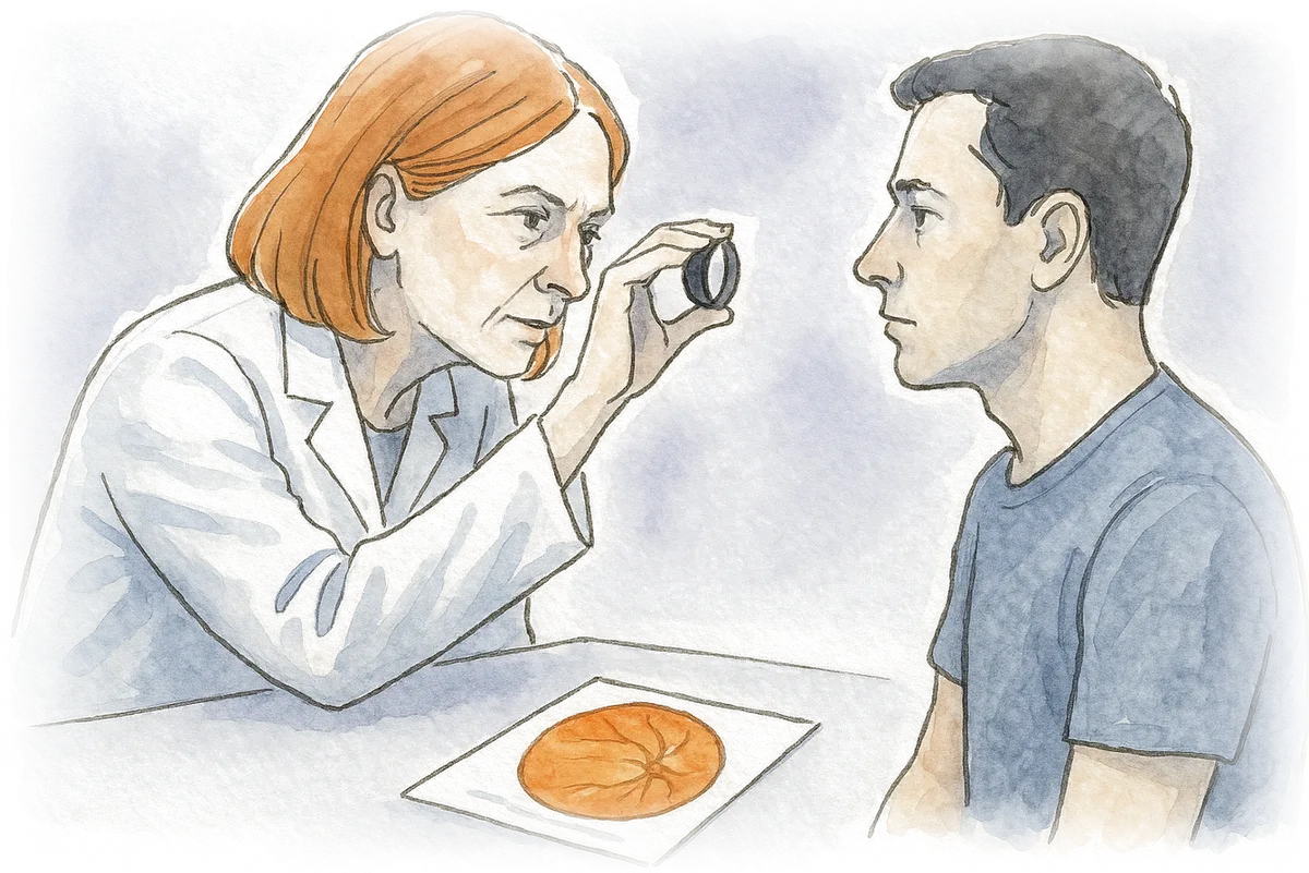 Ilustração em aquarela de uma médica segurando a lente de fundo de olho perto do rosto de um paciente