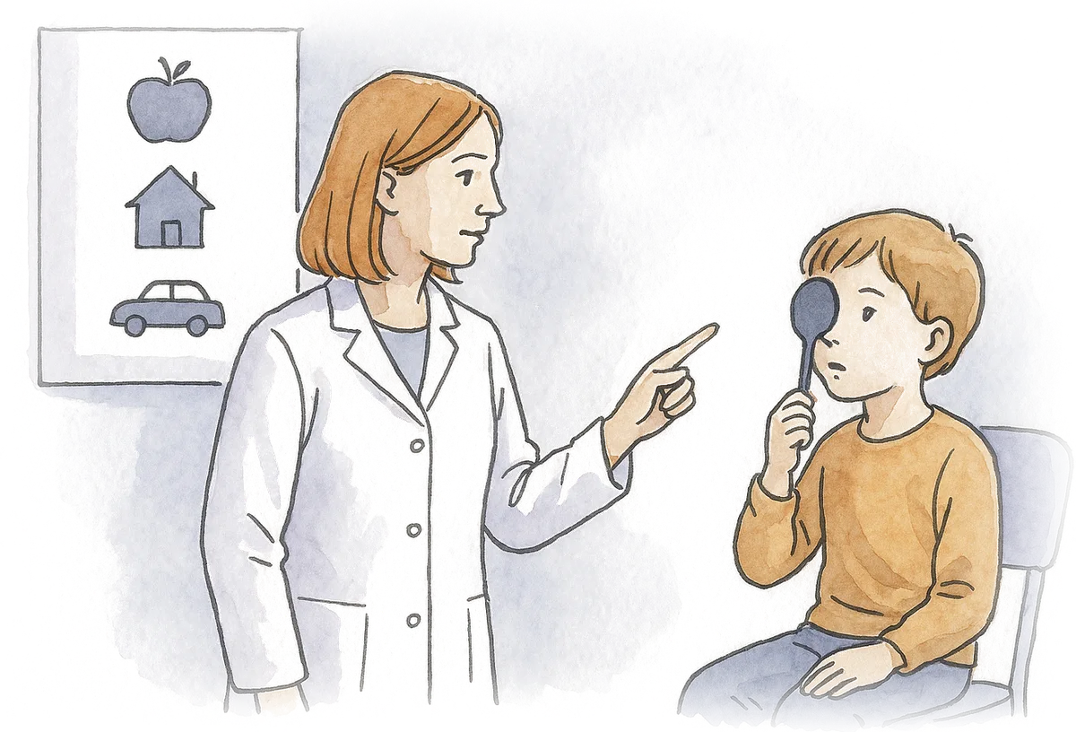 Ilustração em aquarela de uma médica apontando figuras numa tabela infantil para uma criança
