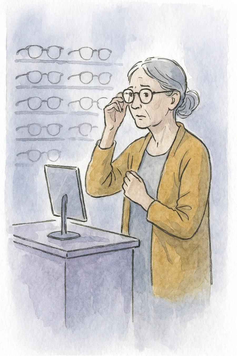 Ilustração em aquarela de uma senhora experimentando óculos diante do espelho de uma ótica
