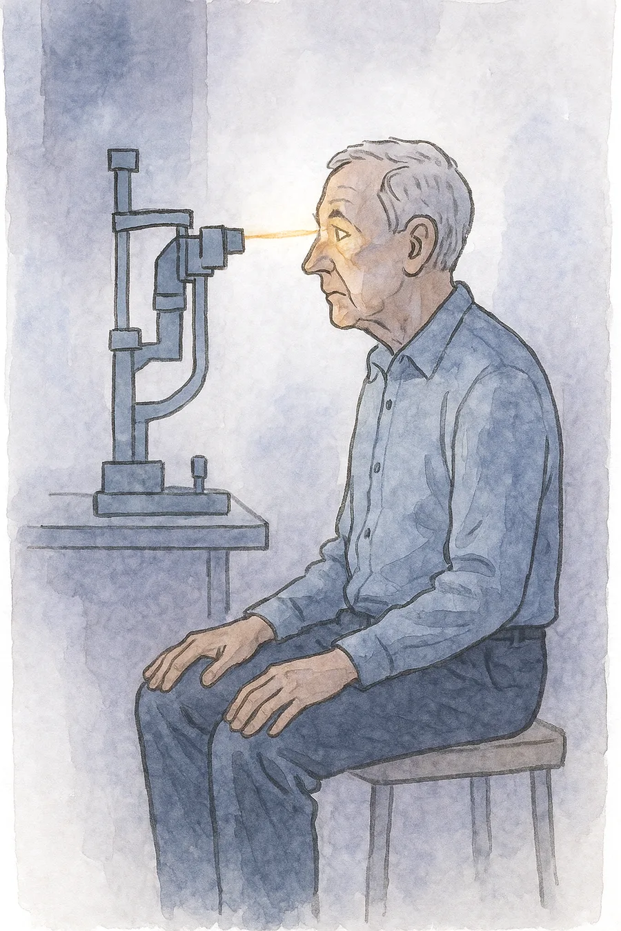 Ilustração em aquarela de um senhor tendo a retina examinada em sala escurecida