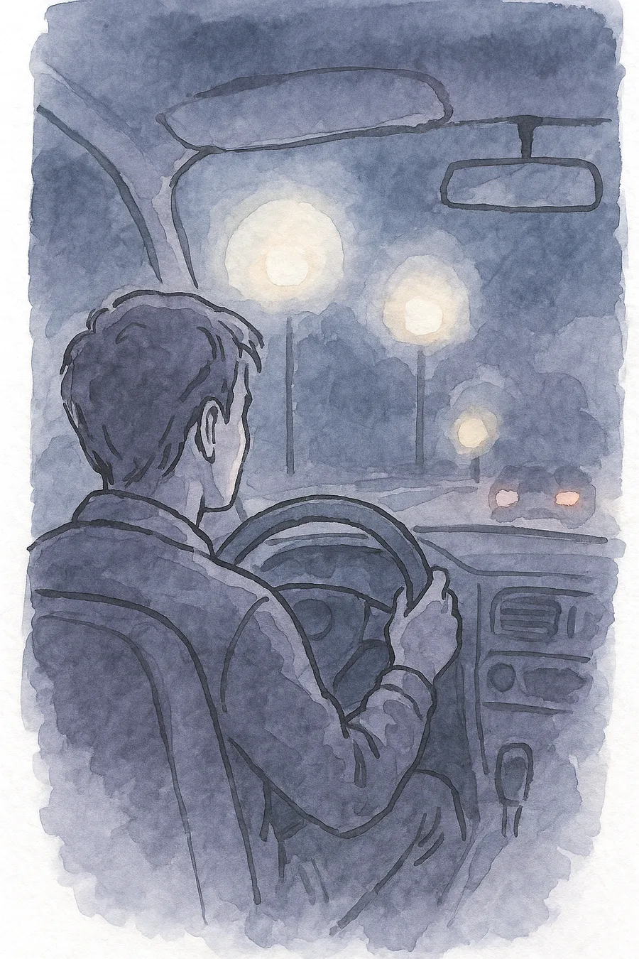 Ilustração em aquarela de uma pessoa dirigindo à noite com halos de luz nos postes