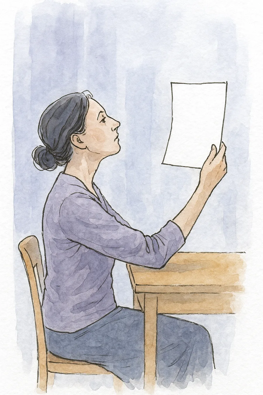 Ilustração em aquarela de uma mulher afastando o papel do rosto para conseguir ler