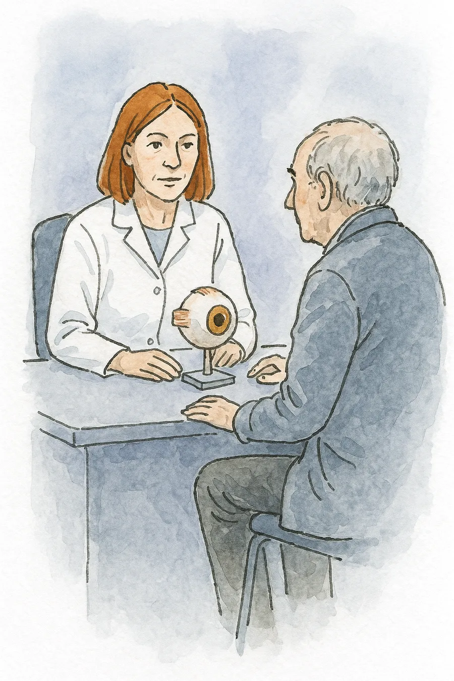 Ilustração em aquarela de uma médica conversando com um senhor à mesa do consultório