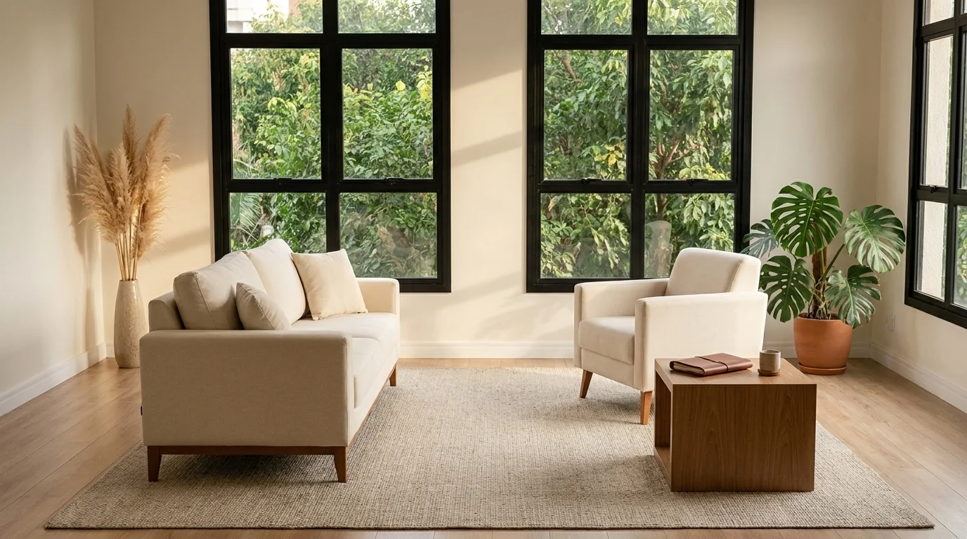 Sala de atendimento da Vila Bocaina: sofá e poltrona claros frente a frente, mesa baixa de madeira e dois janelões com vegetação lá fora