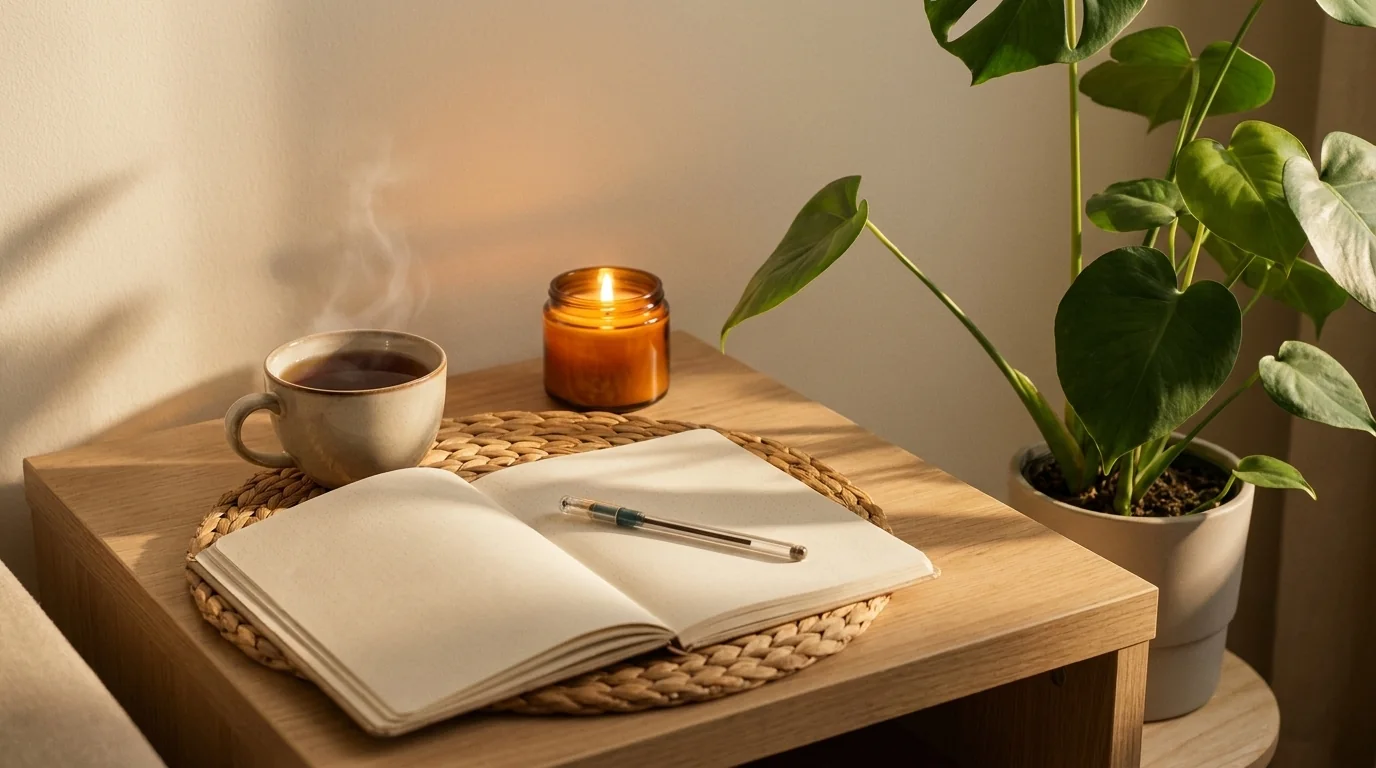 Mesa de apoio do consultório: caderno aberto com caneta, xícara de café fumegando, vela acesa e um vaso de planta