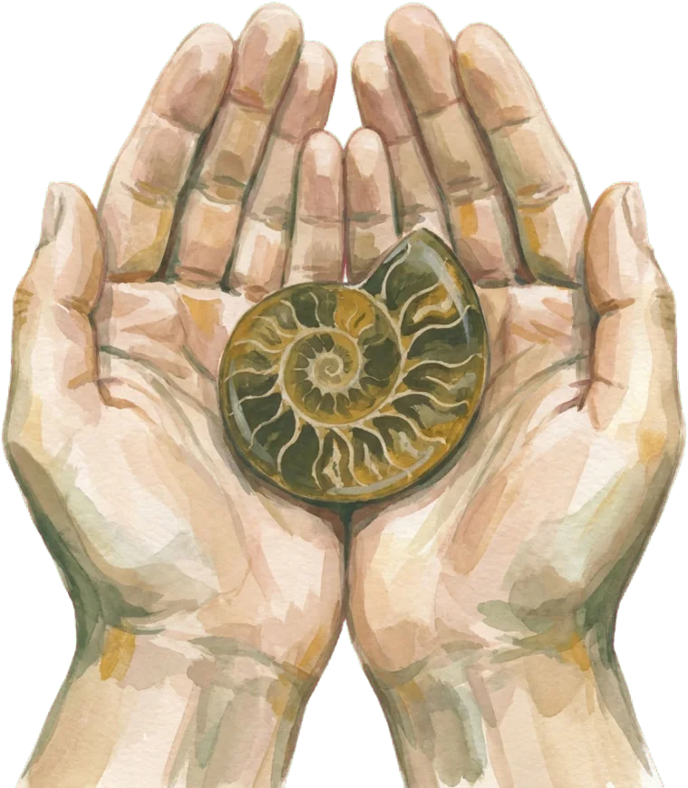 Ilustração de duas mãos em concha segurando uma amonite de pedra polida