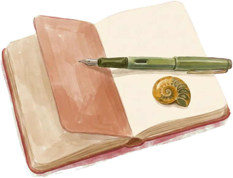 Ilustração de um caderno aberto com uma caneta apoiada e uma pequena amonite sobre a página