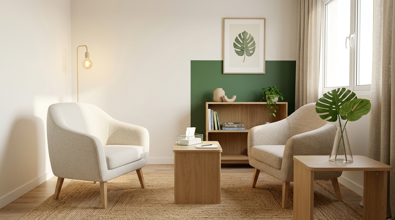 Sala de atendimento: poltronas, luz baixa e plantas — onde acontecem as sessões presenciais.