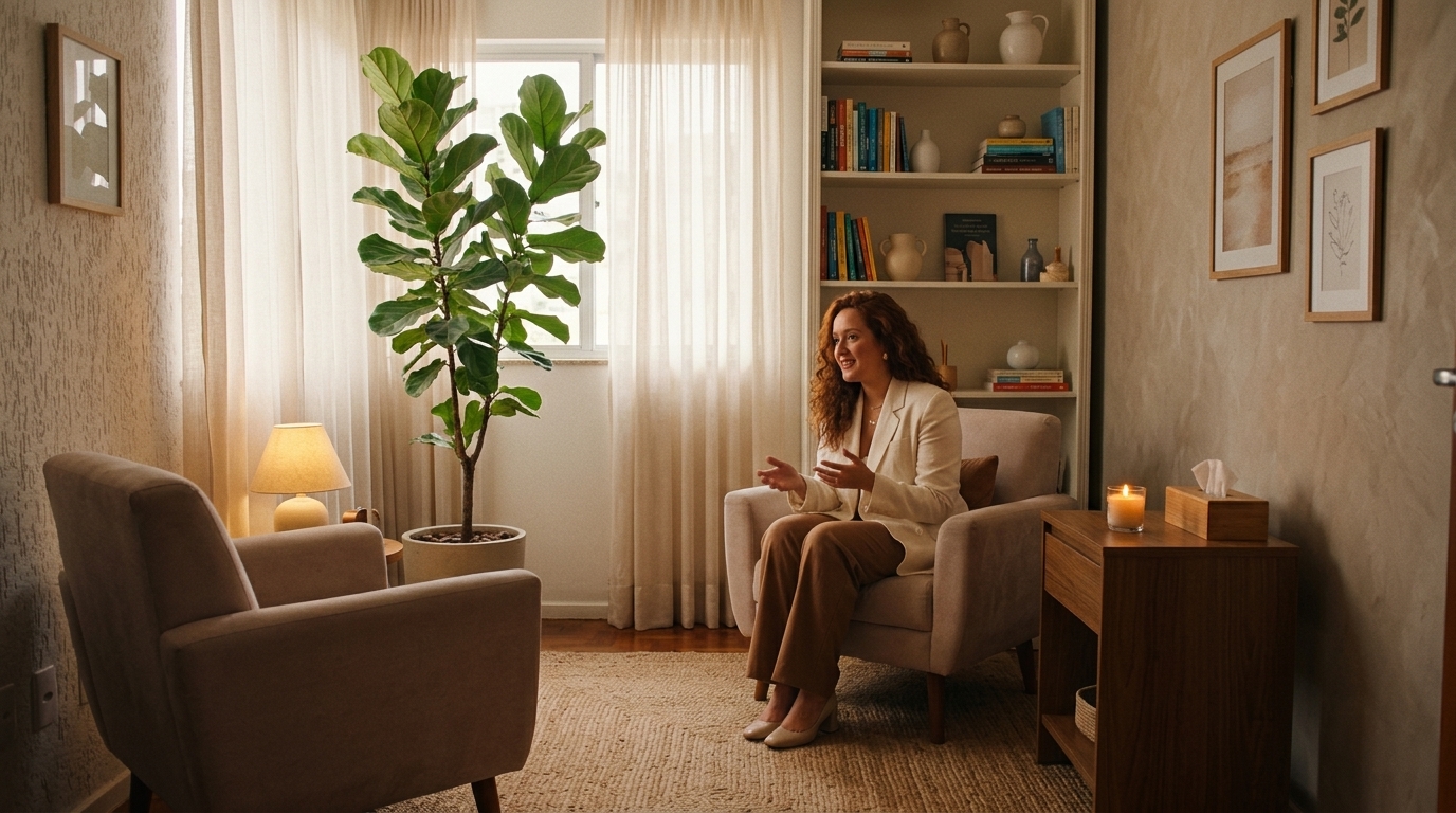 Sala de atendimento do consultório de Larissa Ruza, com poltronas, luz natural e plantas