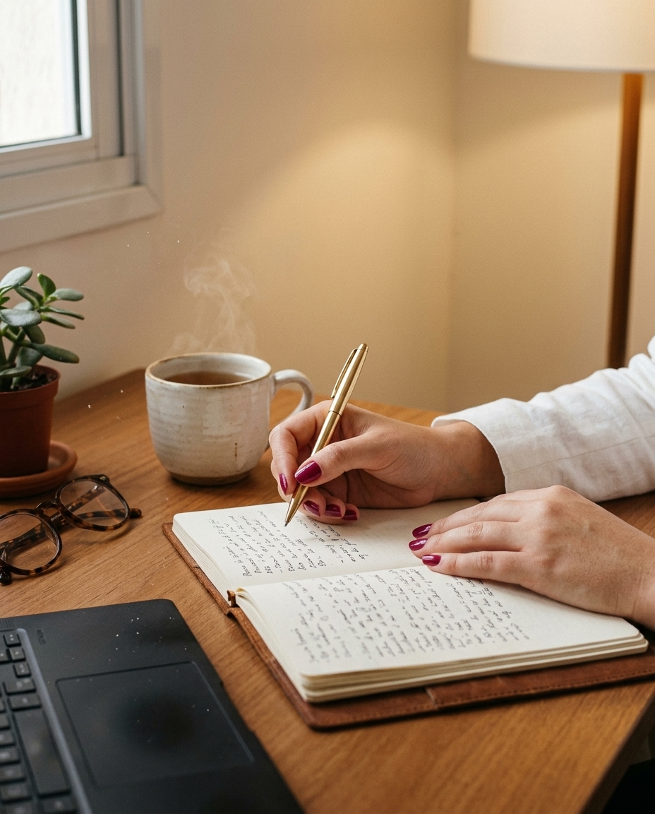 Caderno aberto, caneta e caneca sobre a mesa do consultório