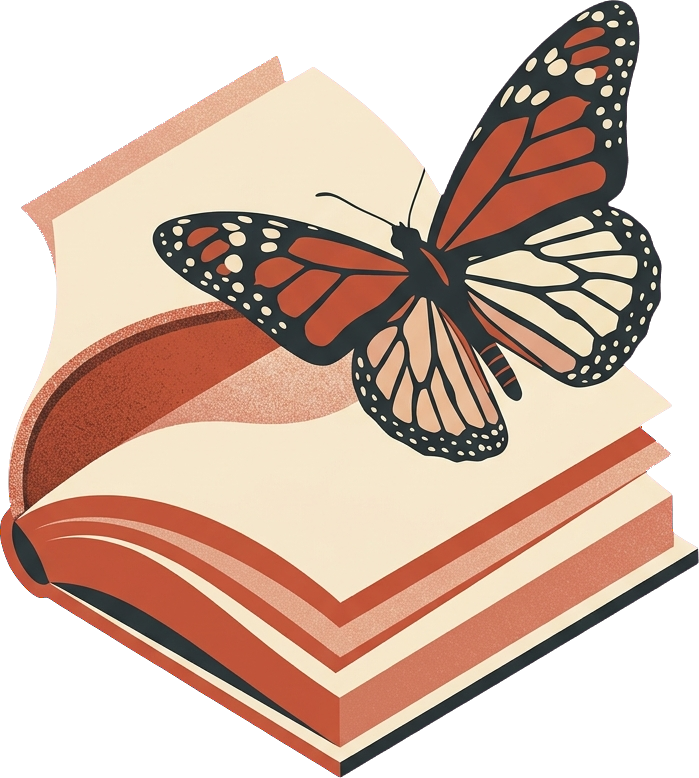 Livro aberto com uma borboleta monarca pousada sobre as páginas
