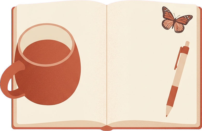 Caderno aberto sobre a mesa, com uma caneca, uma caneta e uma borboleta monarca desenhada na página