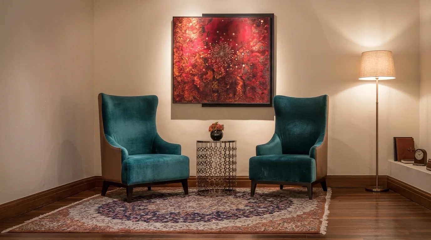 Consultório de Patrícia Spessi: duas poltronas de terapia diante da parede teal, com luz natural
