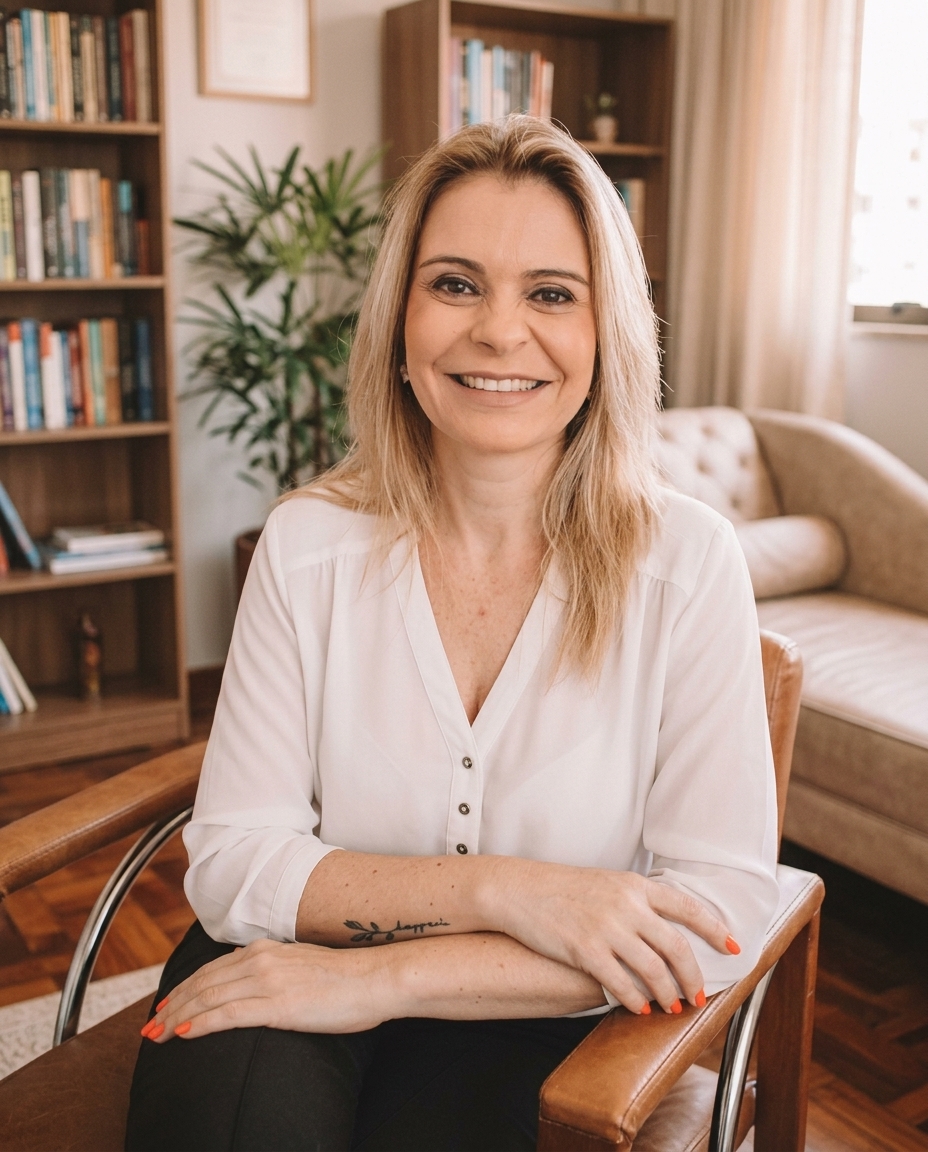 Roberta Vidal, psicóloga e psicanalista, sentada na poltrona do consultório em Santo André