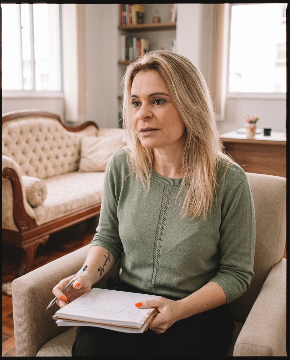 Roberta Vidal em escuta durante uma sessão, com caderno no colo e o divã ao fundo