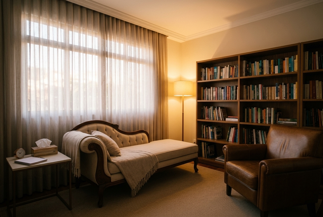 O consultório: divã, poltrona de couro, estante de livros e luz quente de abajur