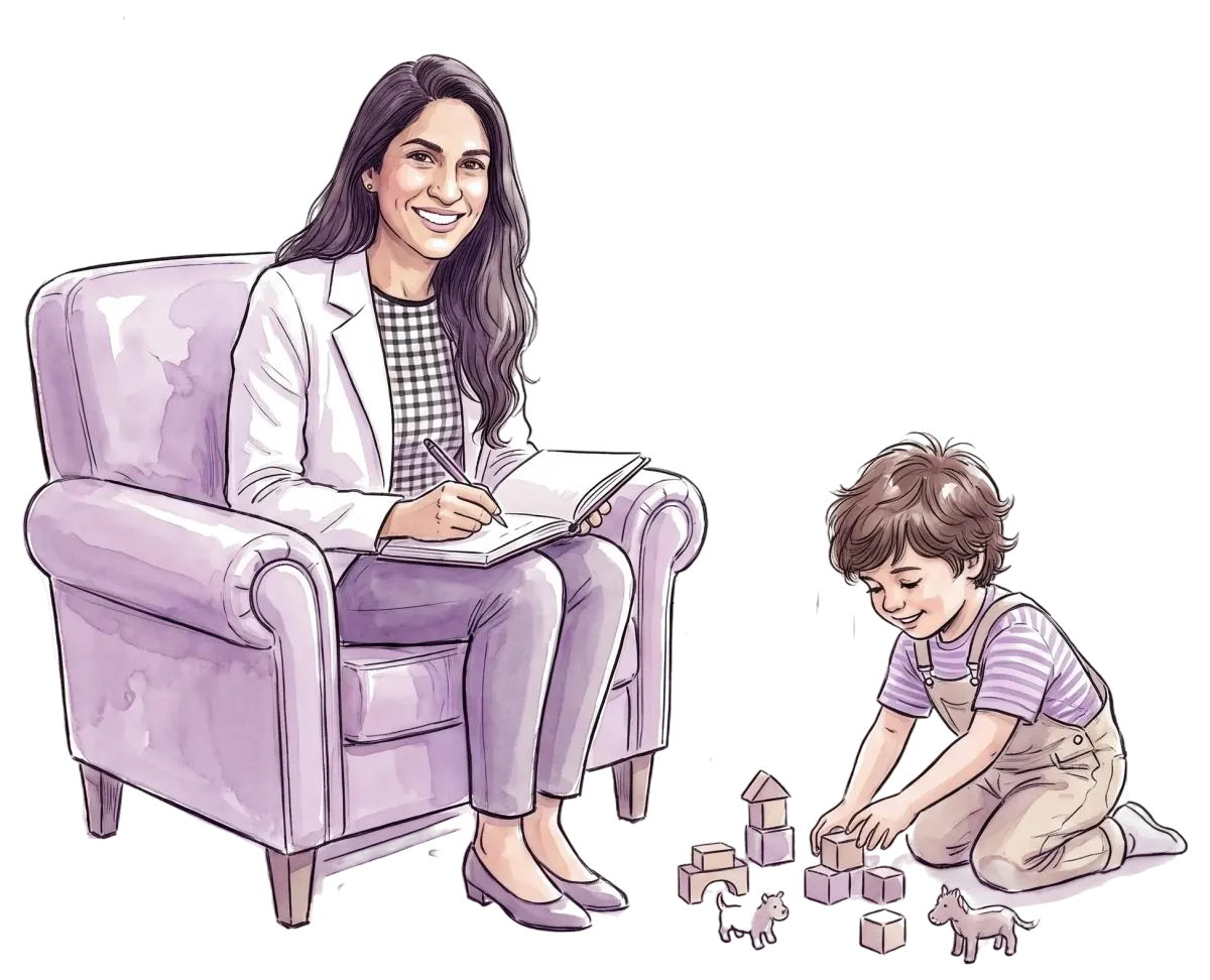 Ludmila Mose em atendimento infantil, brincando e desenhando com uma criança