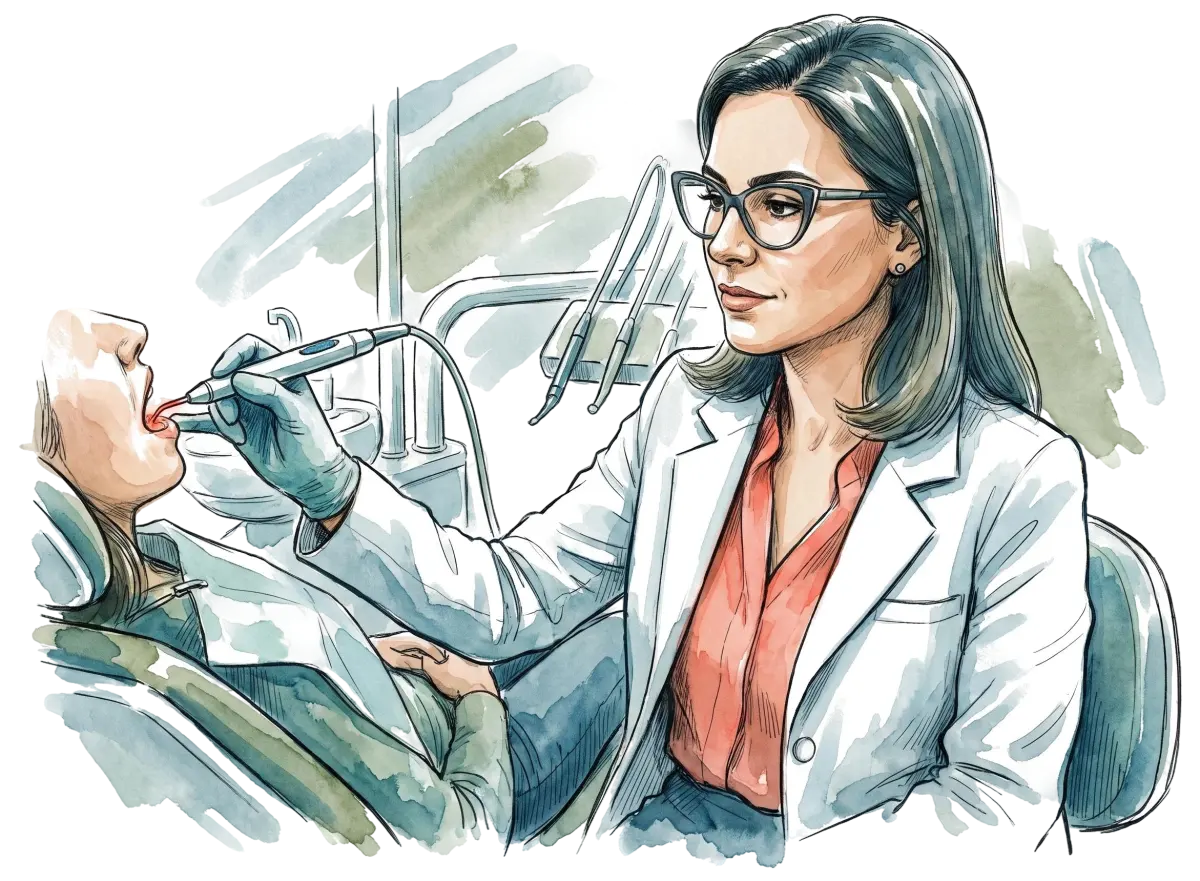 Drª Renata Olivatti aplicando laserterapia em um paciente na cadeira