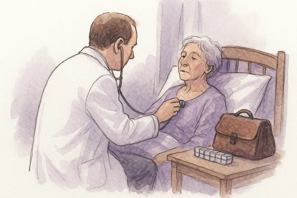 Ilustração em aquarela de um médico sentado na beira da cama auscultando uma senhora idosa, com a maleta aberta no criado-mudo