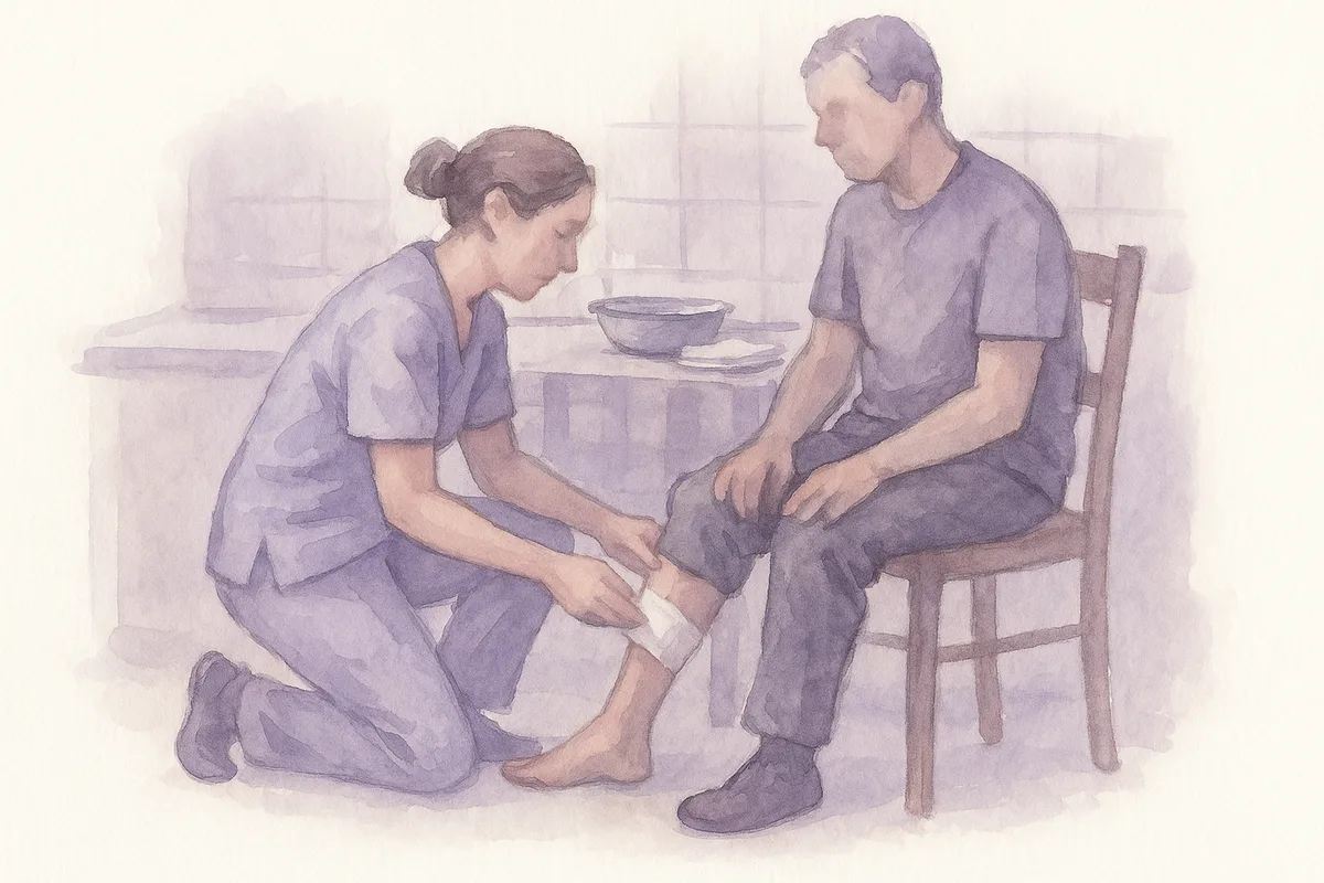 Ilustração em aquarela de uma enfermeira de uniforme lavanda trocando o curativo da perna de um paciente sentado na cadeira da cozinha