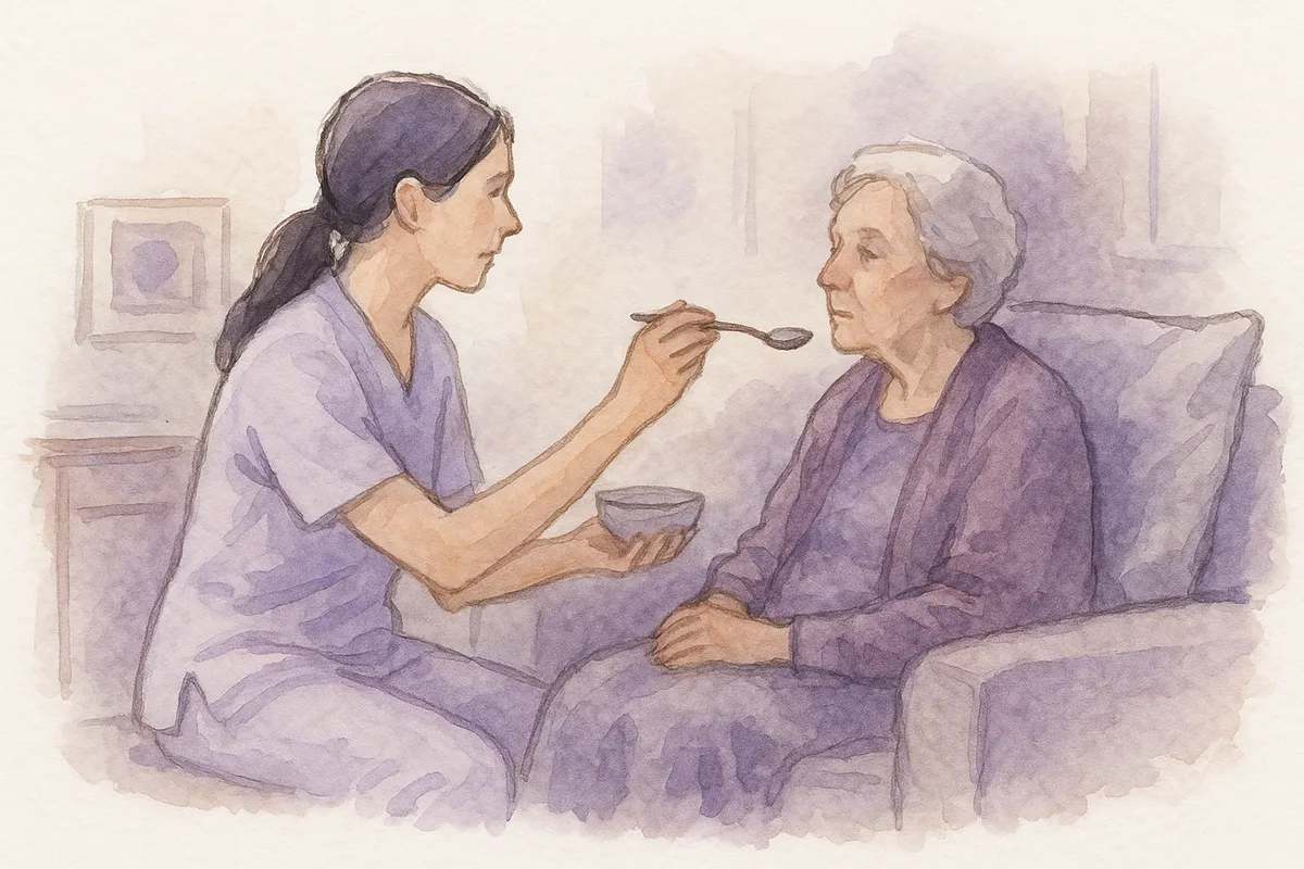 Ilustração em aquarela de uma fonoaudióloga oferecendo uma colher de água espessada a uma senhora sentada com almofada nas costas