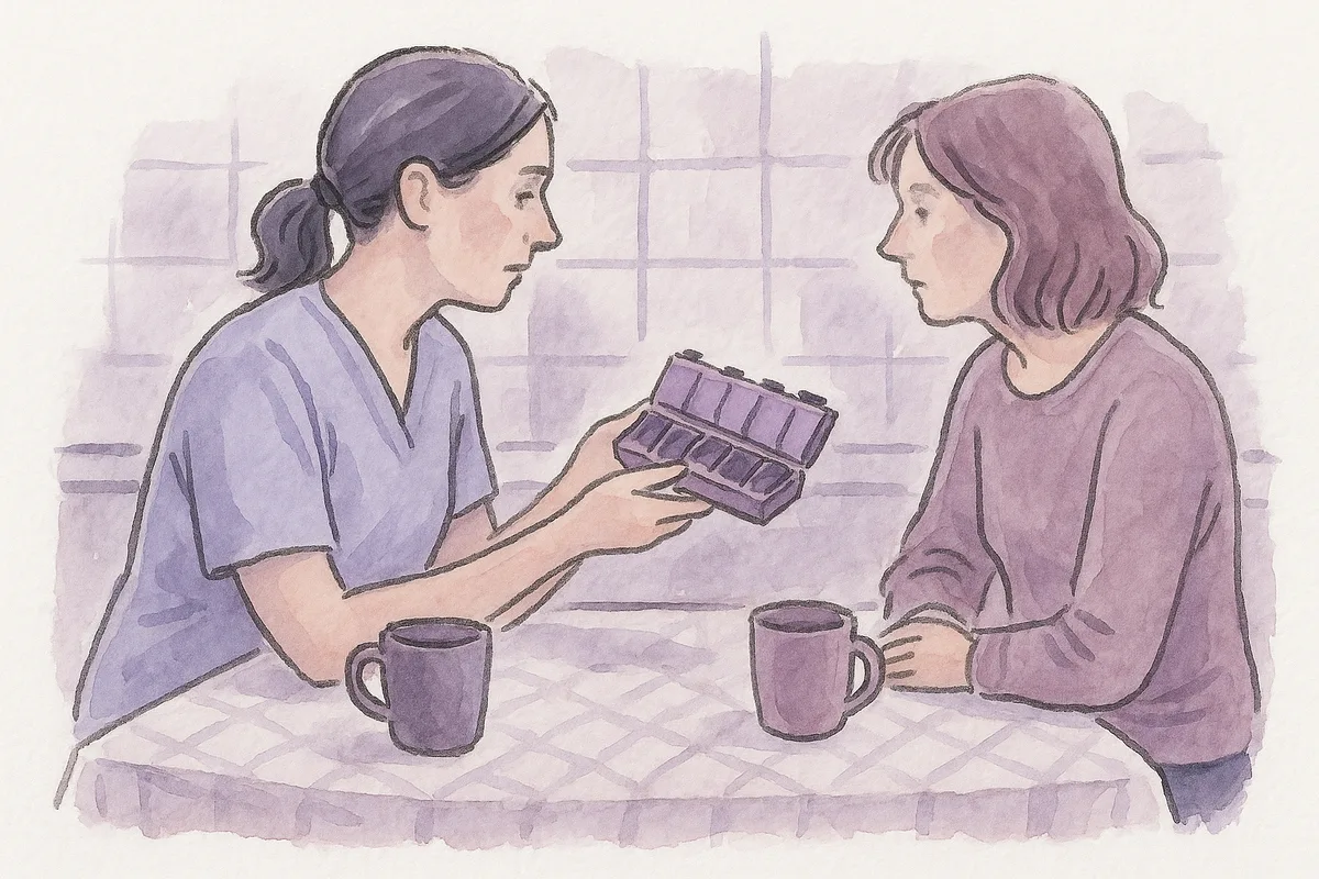 Ilustração em aquarela de uma enfermeira mostrando a caixinha de remédio por dia da semana para uma filha adulta, as duas na mesa da cozinha