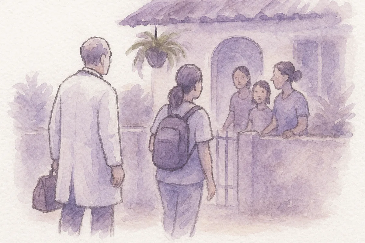 Ilustração em aquarela da equipe chegando à porta de uma casa com maleta e mochila, a família recebendo no portão
