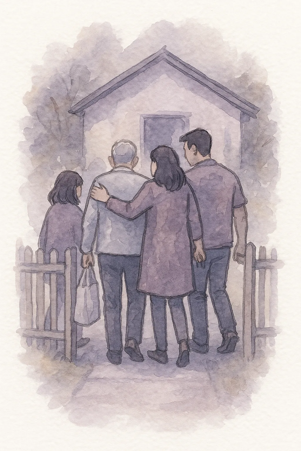 Ilustração em aquarela de uma família trazendo um senhor do carro para dentro de casa depois da alta