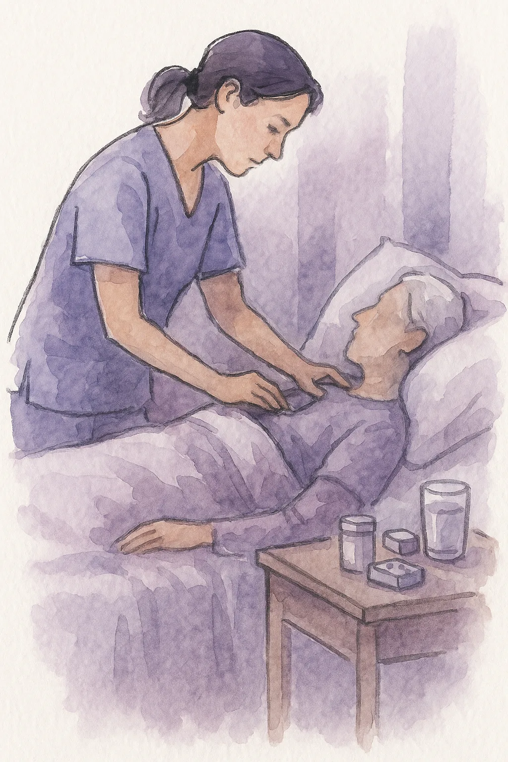 Ilustração em aquarela de uma enfermeira checando os sinais vitais de um paciente acamado no quarto de casa