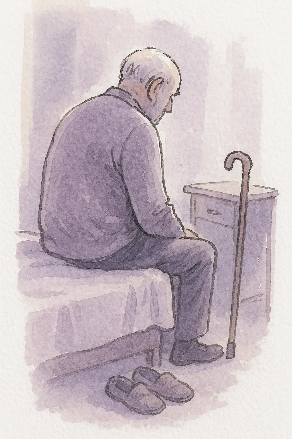 Ilustração em aquarela de um senhor idoso sentado sozinho na beira da cama, com a bengala apoiada no criado-mudo