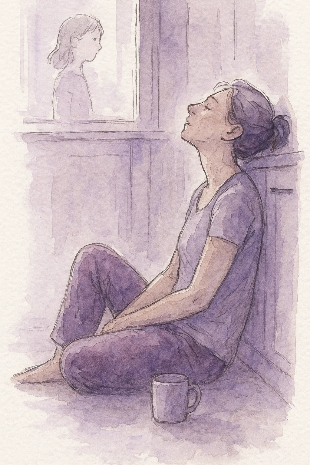 Ilustração em aquarela de uma cuidadora exausta sentada no chão da cozinha, encostada no armário