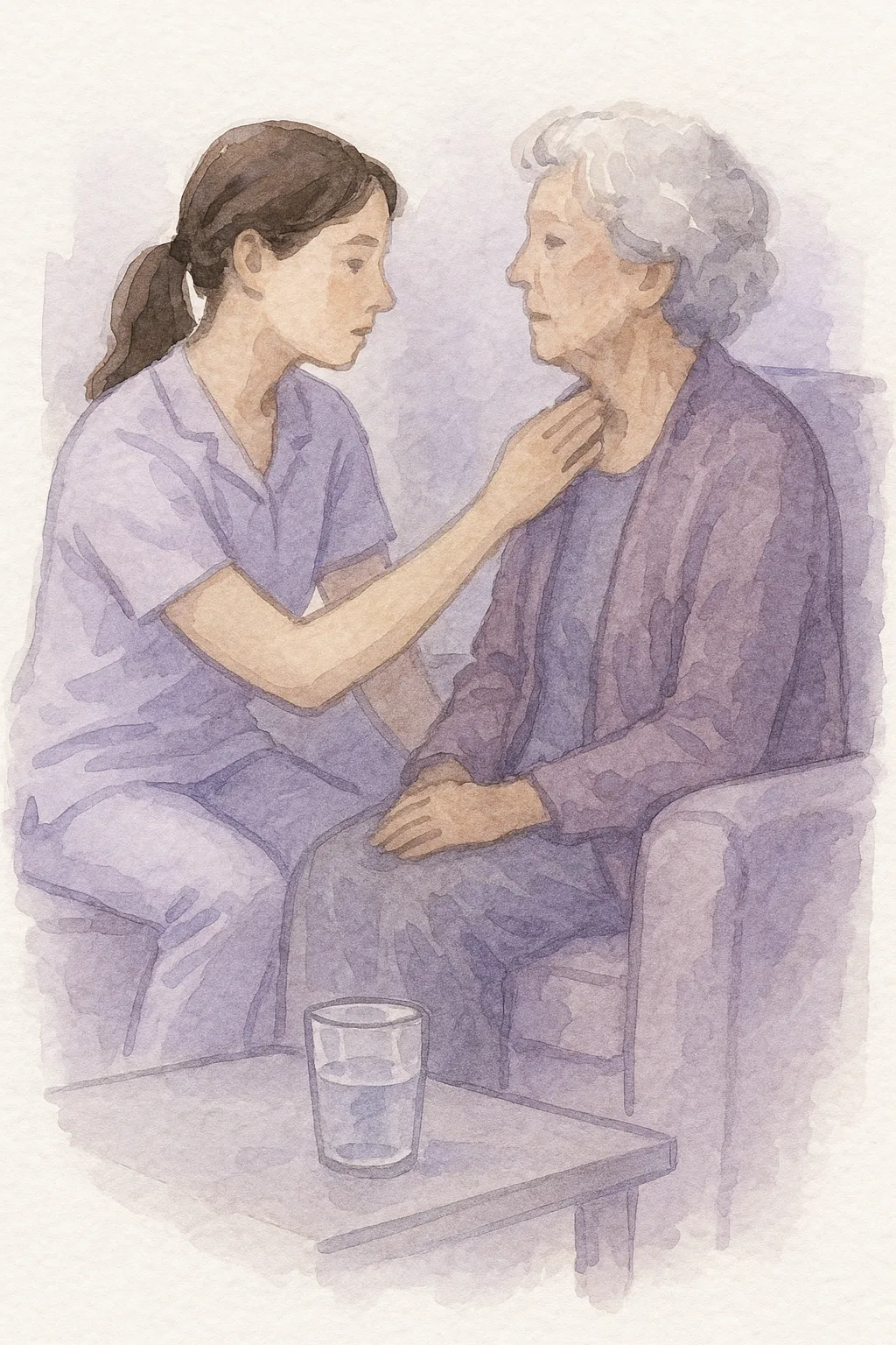 Ilustração em aquarela de uma fonoaudióloga sentada ao lado de uma senhora no sofá, ensinando a engolir devagar