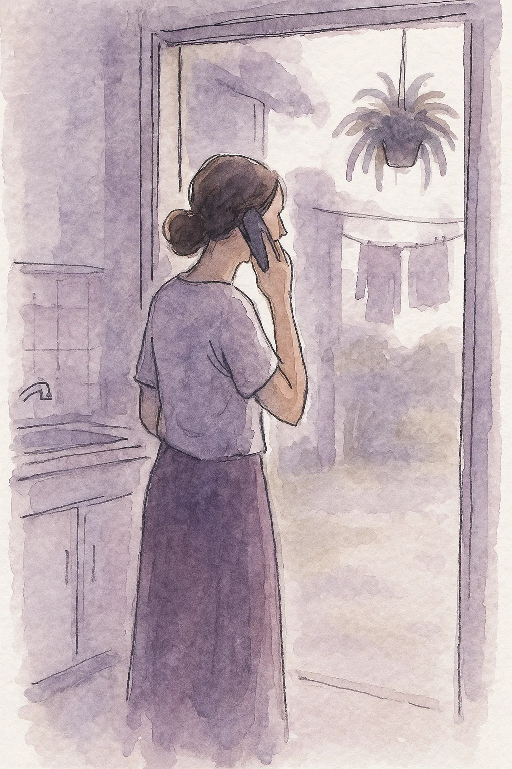 Ilustração em aquarela de uma mulher ao telefone na porta da cozinha, olhando para o quintal com varal e samambaia