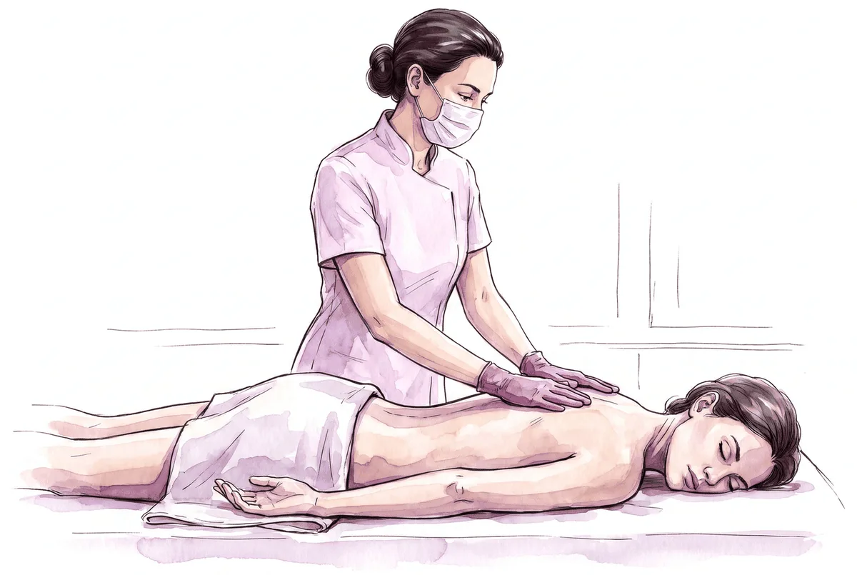 Terapeuta com as duas mãos abertas sobre as costas de uma paciente deitada de bruços
