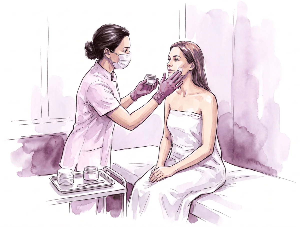 Terapeuta aplicando creme no rosto de uma paciente sentada na maca